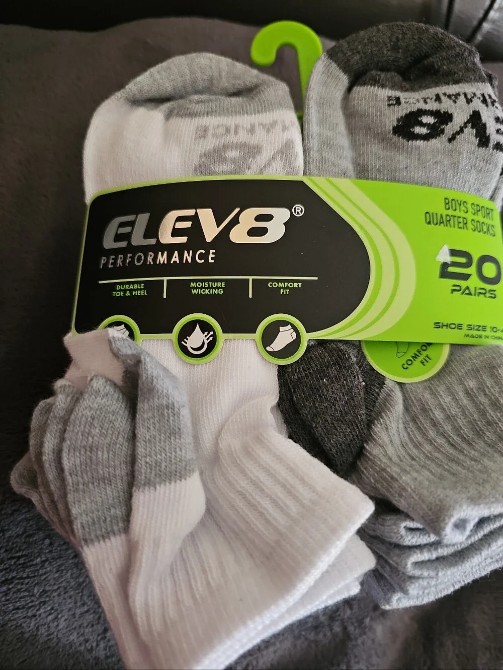 Elev8 Boys 20-Pack Quarter Socks - White & Gray